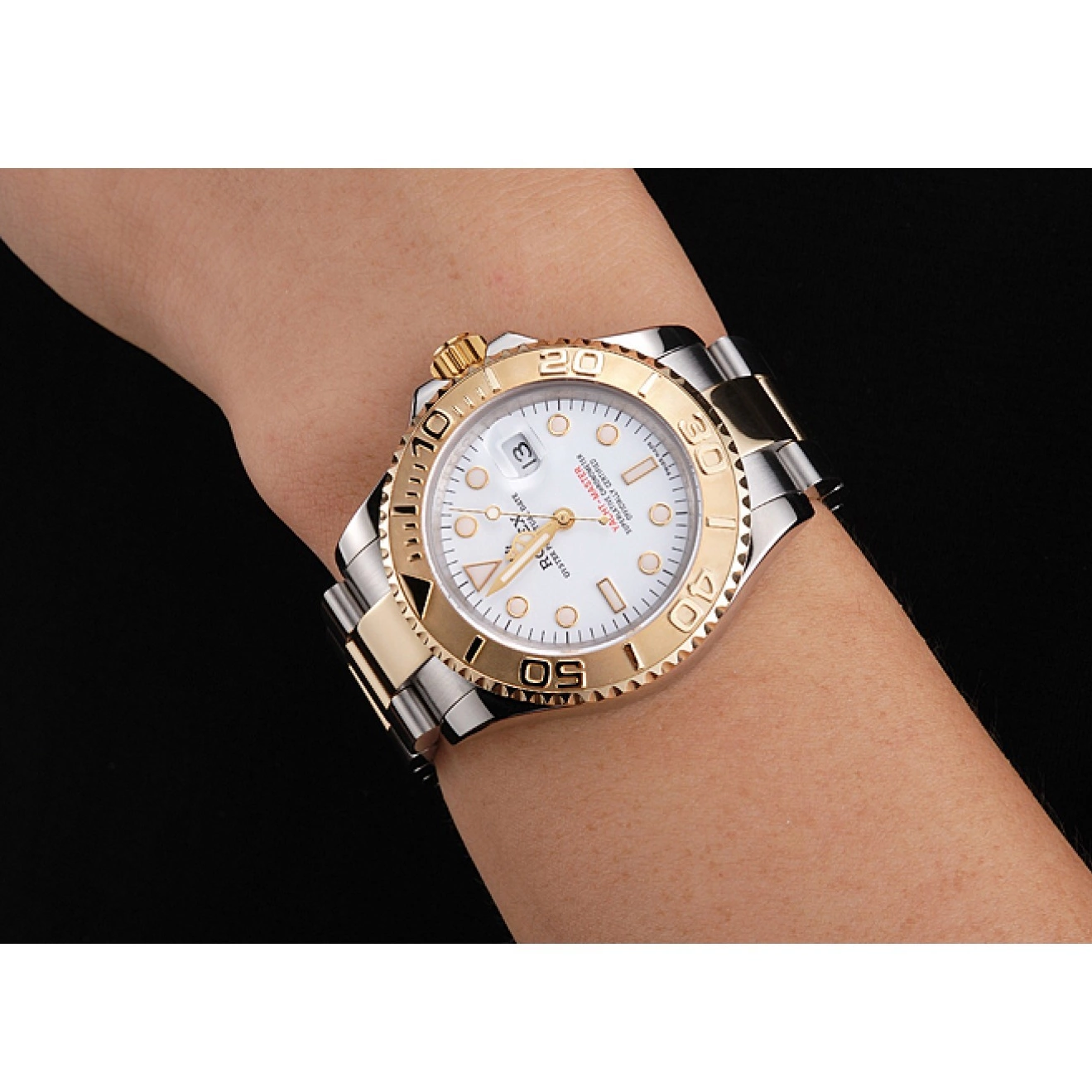 Aaa replica watch Two Swiss Tone Bracelet White Dial Bezel Case Yacht-Master Gold Rolex Steel Stainless 0825